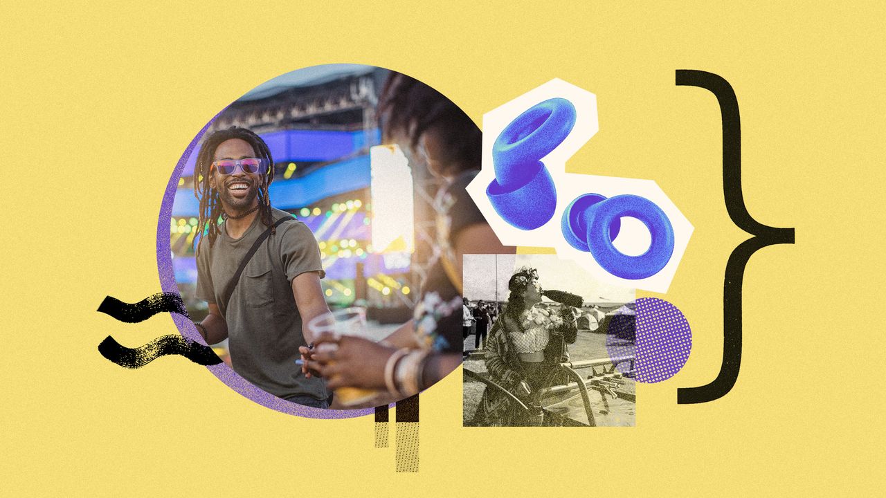 Photo collage of people at festivals, ear plugs, and a person drinking from a reusable water bottle at a festival water fountain