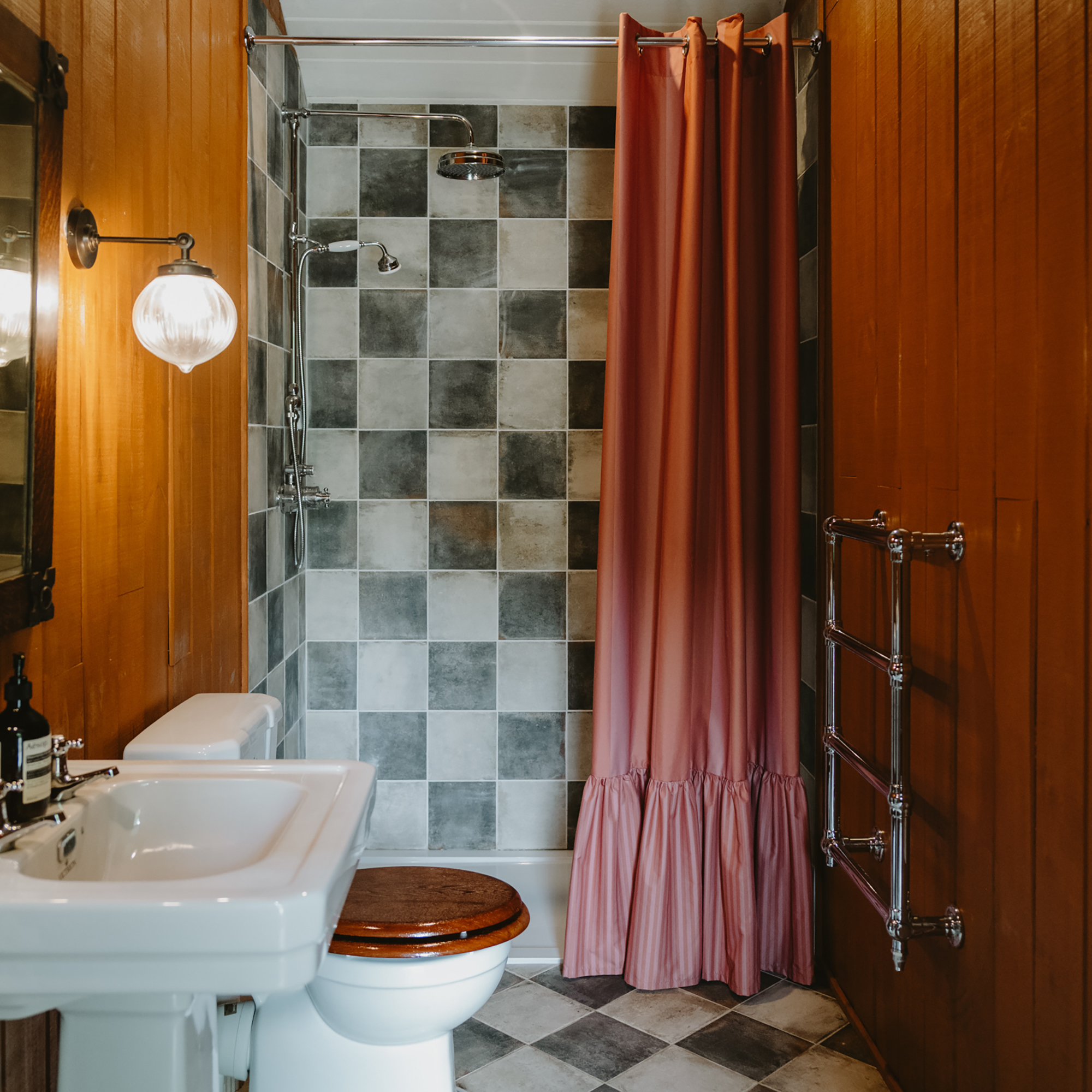 Bathroom with checked walls
