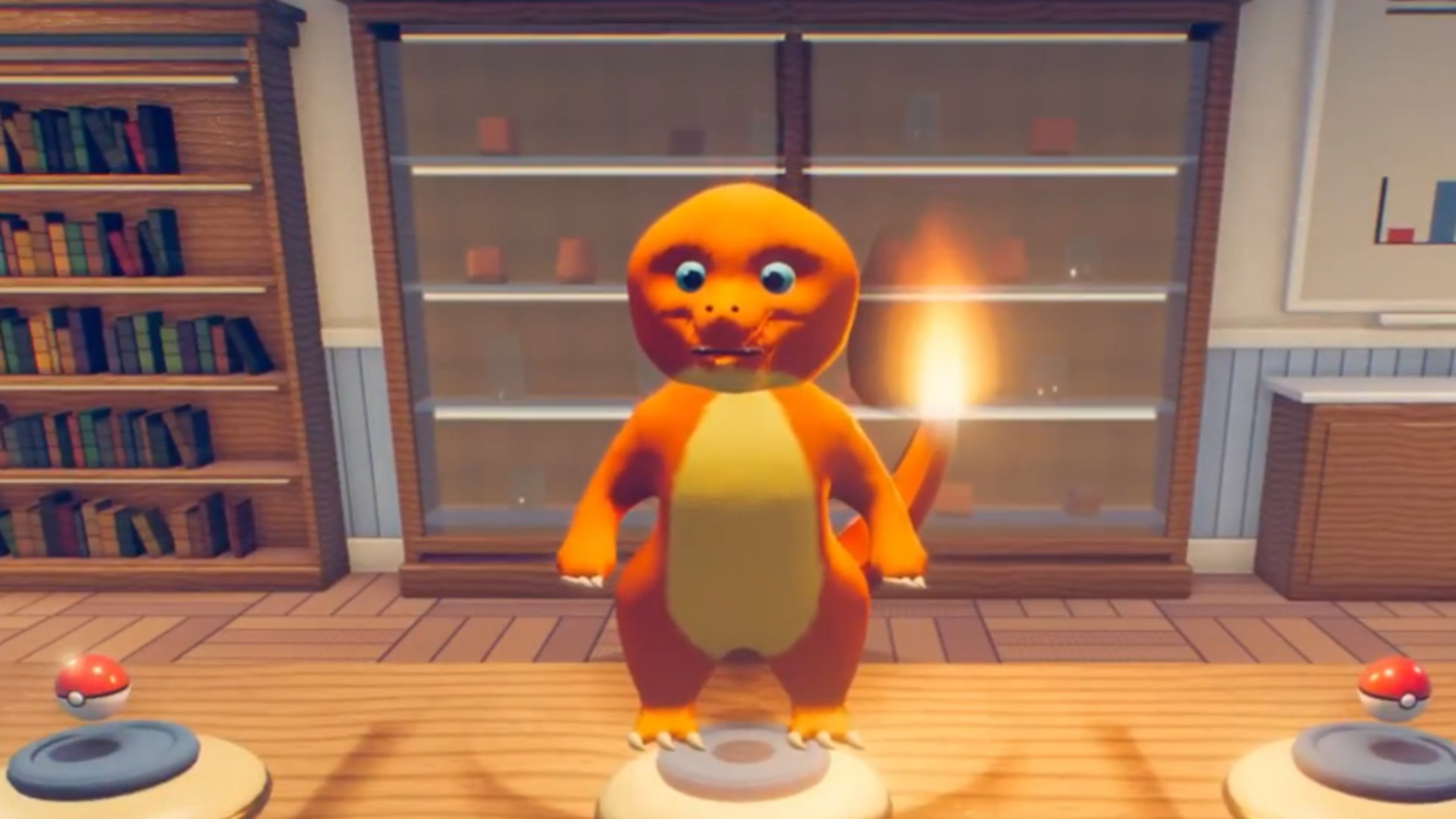 A grotesque AI-generated version of the Pokemon Charmander stands with its tail aflame