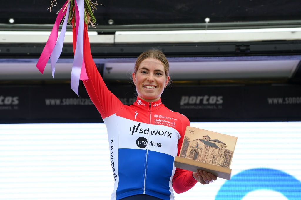 CANICOSA DE LA SIERRA SPAIN MAY 19 Demi Vollering of The Netherlands and Team SD Worx Protime celebrates at podium as stage winner during the 9th Vuelta a Burgos Feminas 2024 Stage 4 a 122km stage from Pearanda de Duero to Canicosa de la Sierra 1144m UCIWWT on May 19 2024 in Canicosa de la Sierra Spain Photo by Alex BroadwayGetty Images