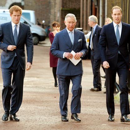 Prince Harry, Prince Charles, Prince of Wales and Prince William, Duke of Cambridge arrive at the Illegal Wildlife Trade Conference at Lancaster House on February 13, 2014 in London, England.