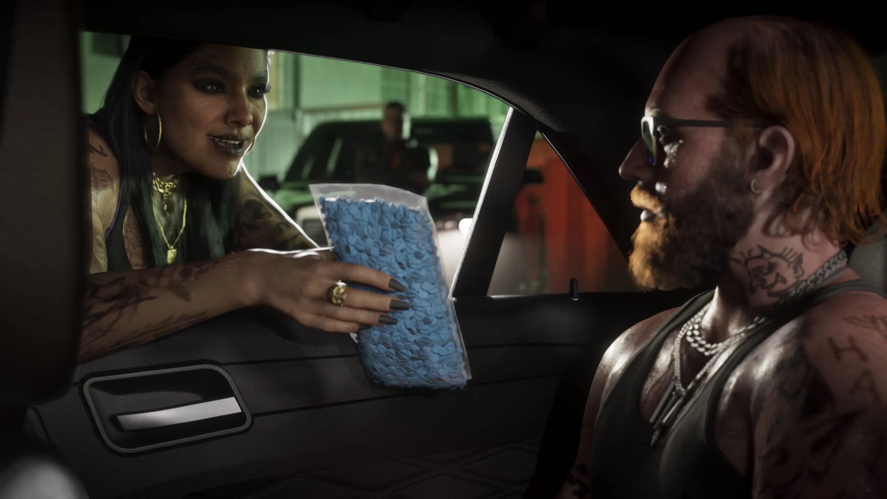 A woman passes a bag of blue pils through a car window to a man sat in the car.