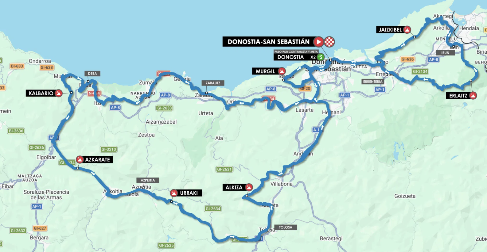 A map of the Clasica de San Sebastian 2026 route