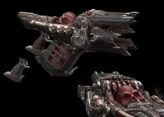 Render of Doom's Skullcrusher gun, which mashes up skulls and fires the shards at enemies.