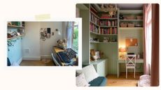 Before and after of a small room makeover with bespoke wall storage