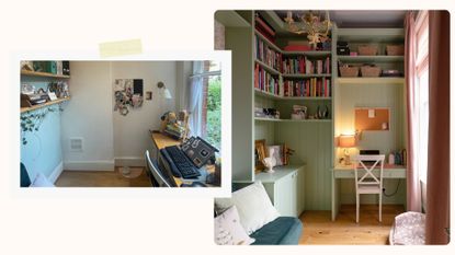 Before and after of a small room makeover with bespoke wall storage