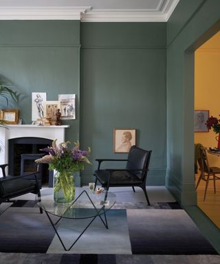 cozy living room painted in farrow & ball's green smoke with glass coffee table and black armchair