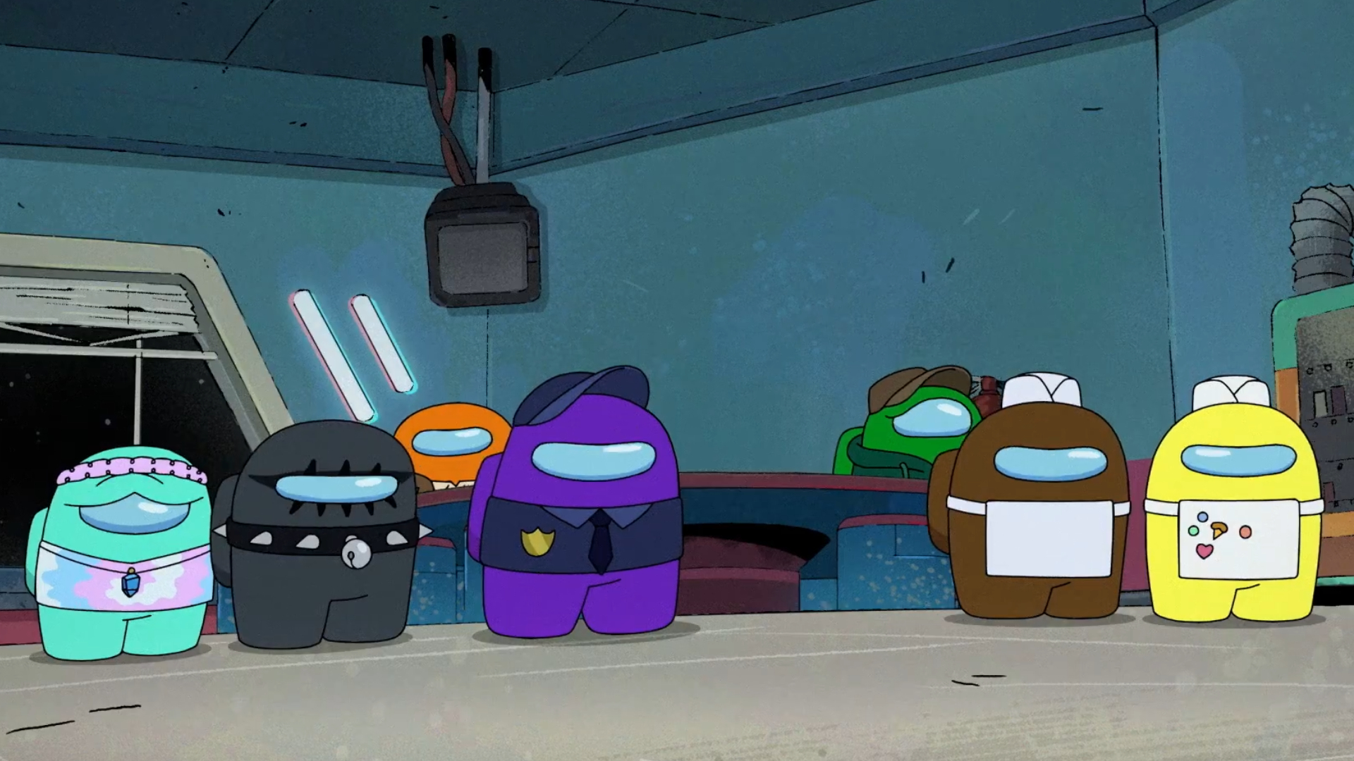 Cyan, Black, Orange, Purple, Green, Brown, and Yellow in the Among Us TV show trailer