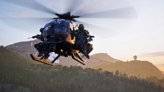 A helicopter of soldiers flies above a forest in Wardogs