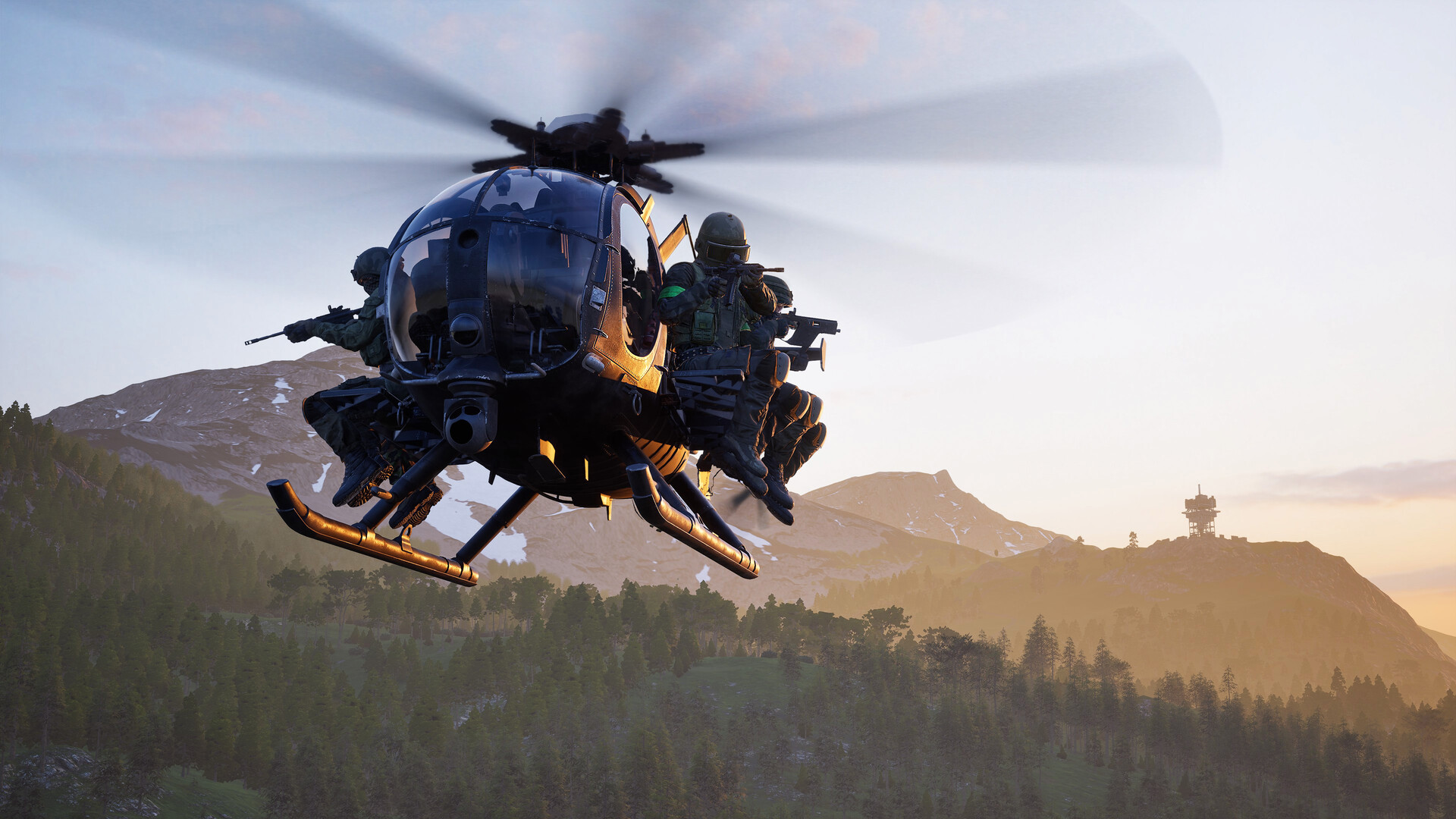 A helicopter of soldiers flies above a forest in Wardogs