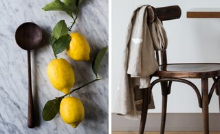 Ren London-designed linen tablecloths and lemons with wooden spoon