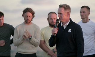 Luke Donald speaking to Team Europe after the Ryder Cup