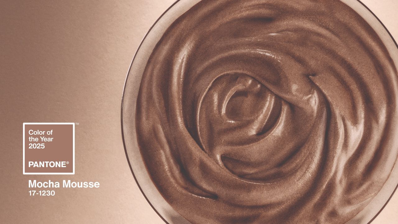 Pantone colour of the year 2025 Mocha Mousse graphic with a cup of chocolate mousse