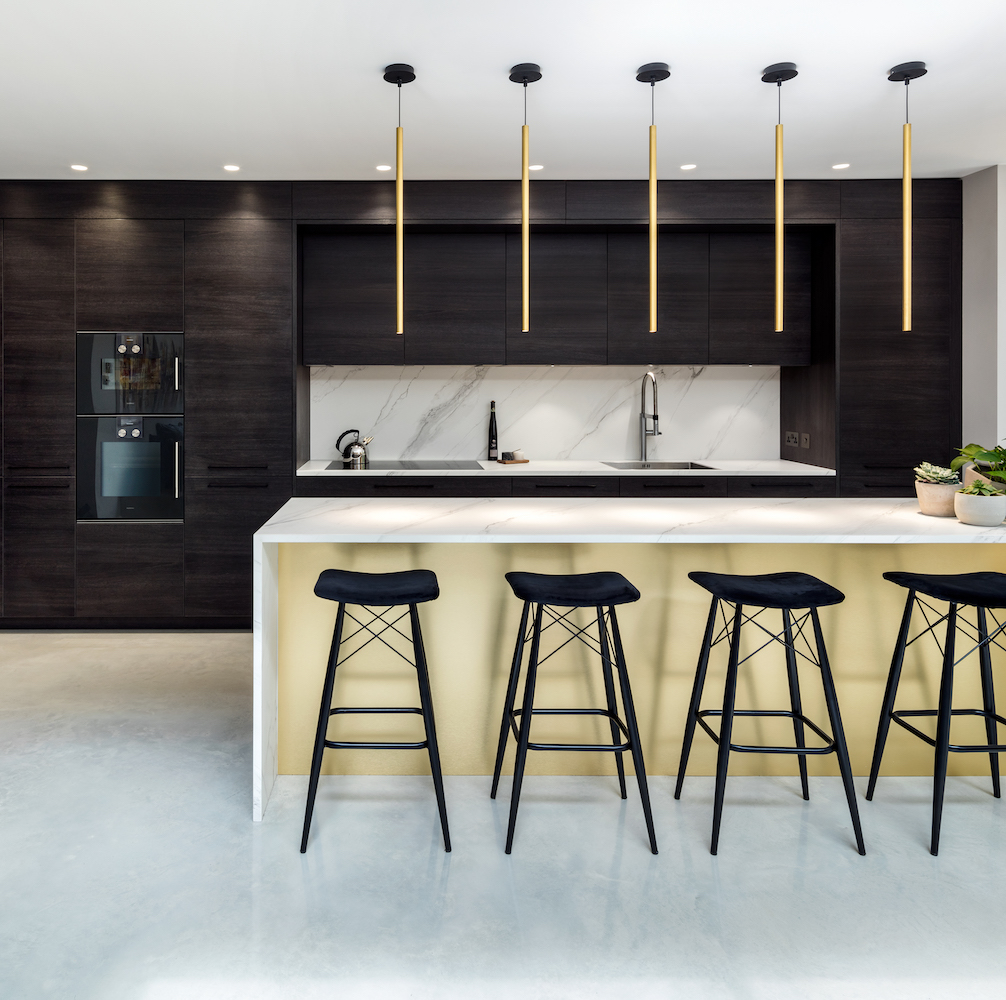 kitchen room with grey walls and kitchen countertop