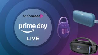 Bose SoundLink Flex Gen 2, JBL Clip 5 and Tribit Stormbox Blast 2 on multi-colored background with the words 'TechRadar: Prime Day Live' positioned on the left