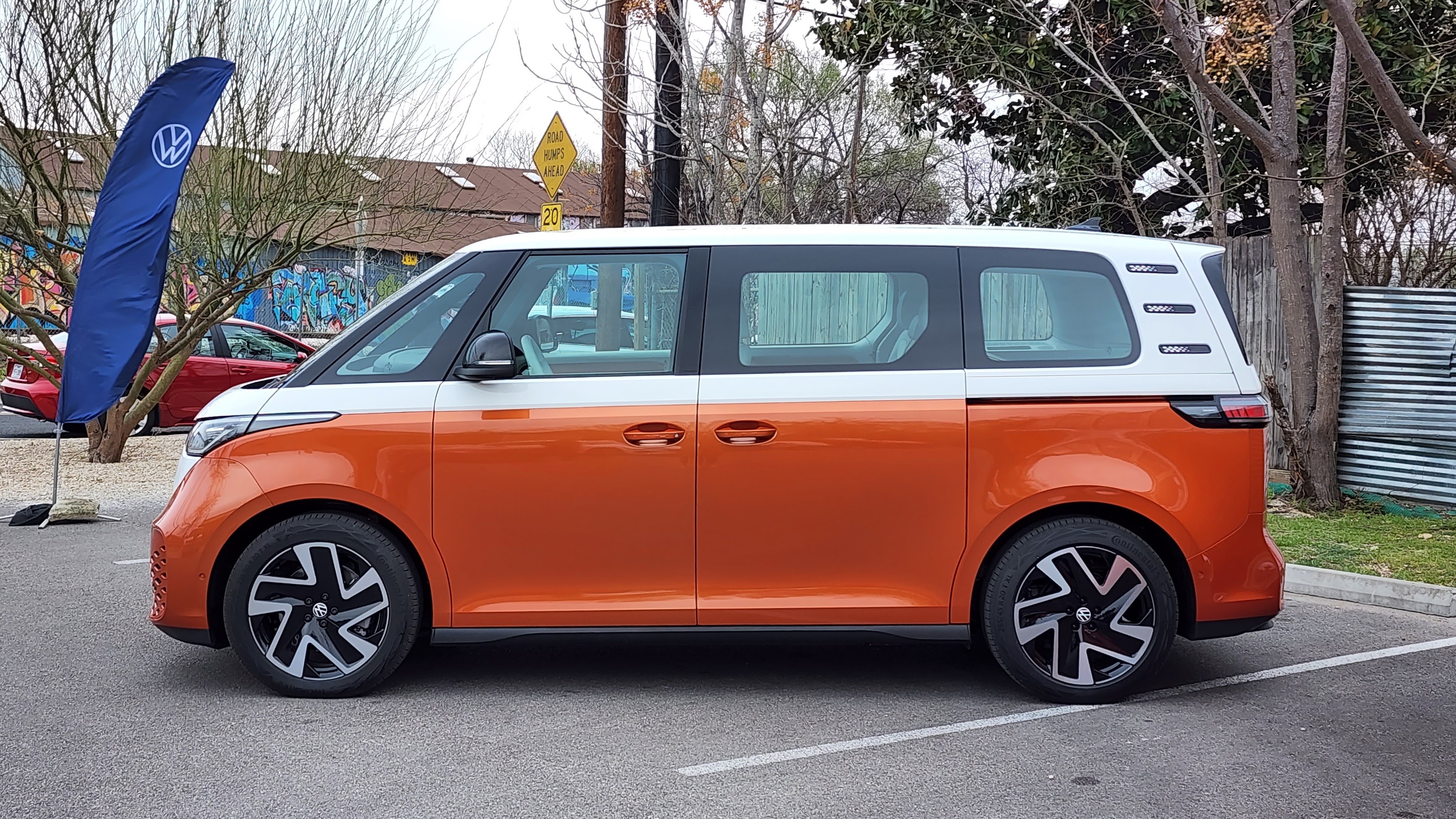 Side view of the VW ID Buzz in a parking lot