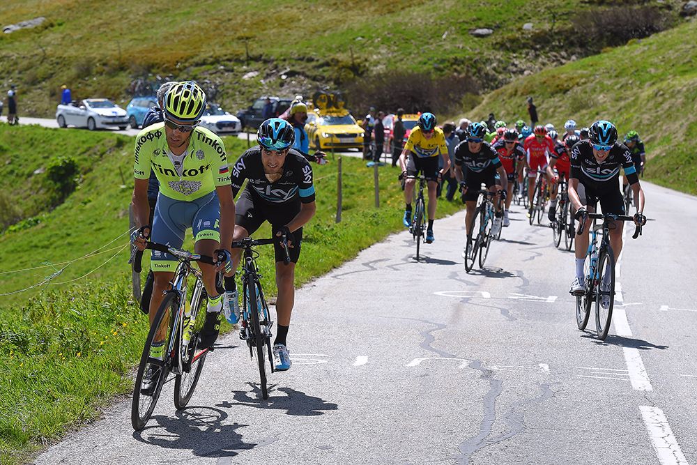 Alberto Contador (Tinkoff) attacked several times but was closely marked by Team Sky
