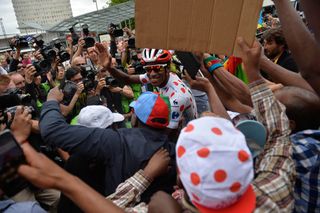 11 July 2015 102nd Tour de France Stage 08 : Rennes - Mur-de-Bretagne Fans of TEKLEHAIMANOT GIRMAZION Daniel (ERI) MTN - Qhubeka, Maillot a Pois Photo : Yuzuru SUNADA