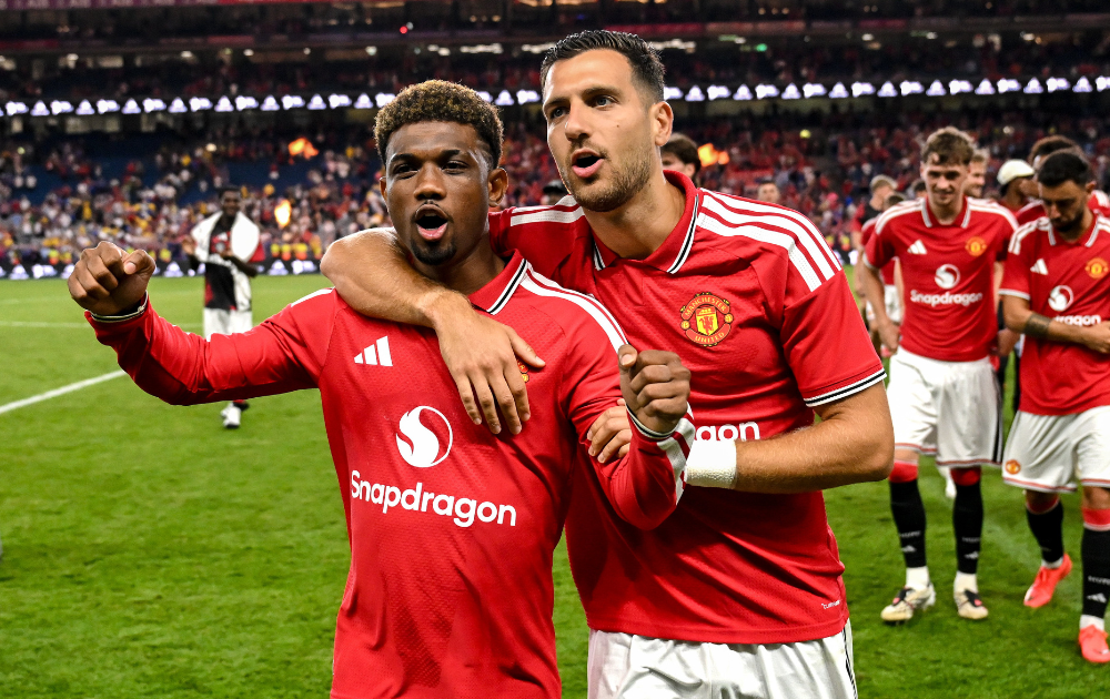 Amad Diallo, left, and Diogo Dalot of Manchester United after their side's victory in the pre-season friendly match between Manchester United and Leeds United at Croke Park in Dublin.