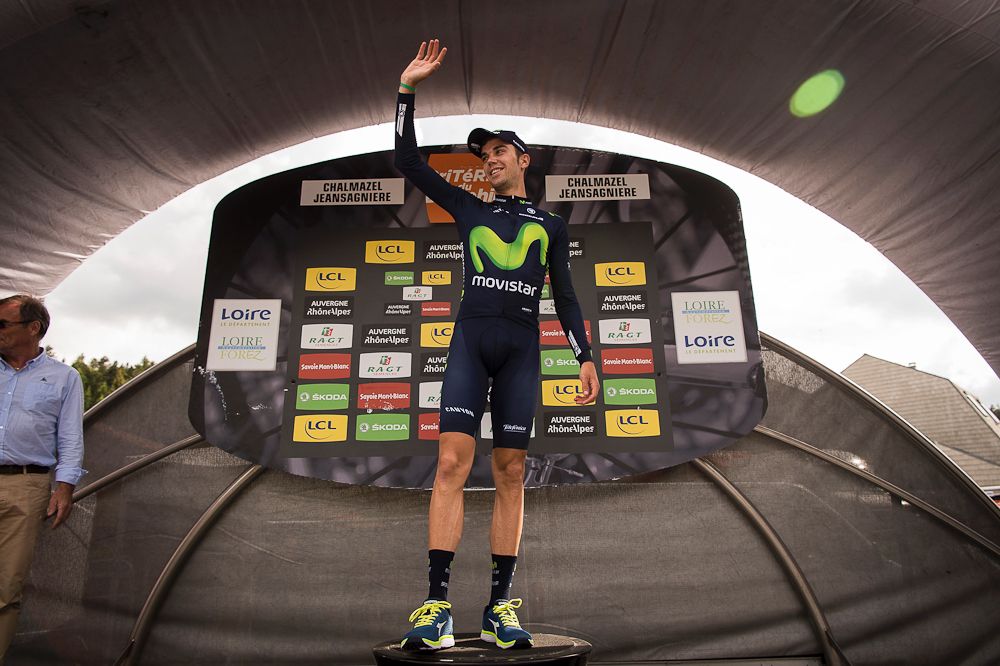 Jesus Herrada (Movistar) on the podium after winning stage 2 at the Criterium du Dauphine