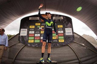 Jesus Herrada (Movistar) on the podium after winning stage 2 at the Criterium du Dauphine