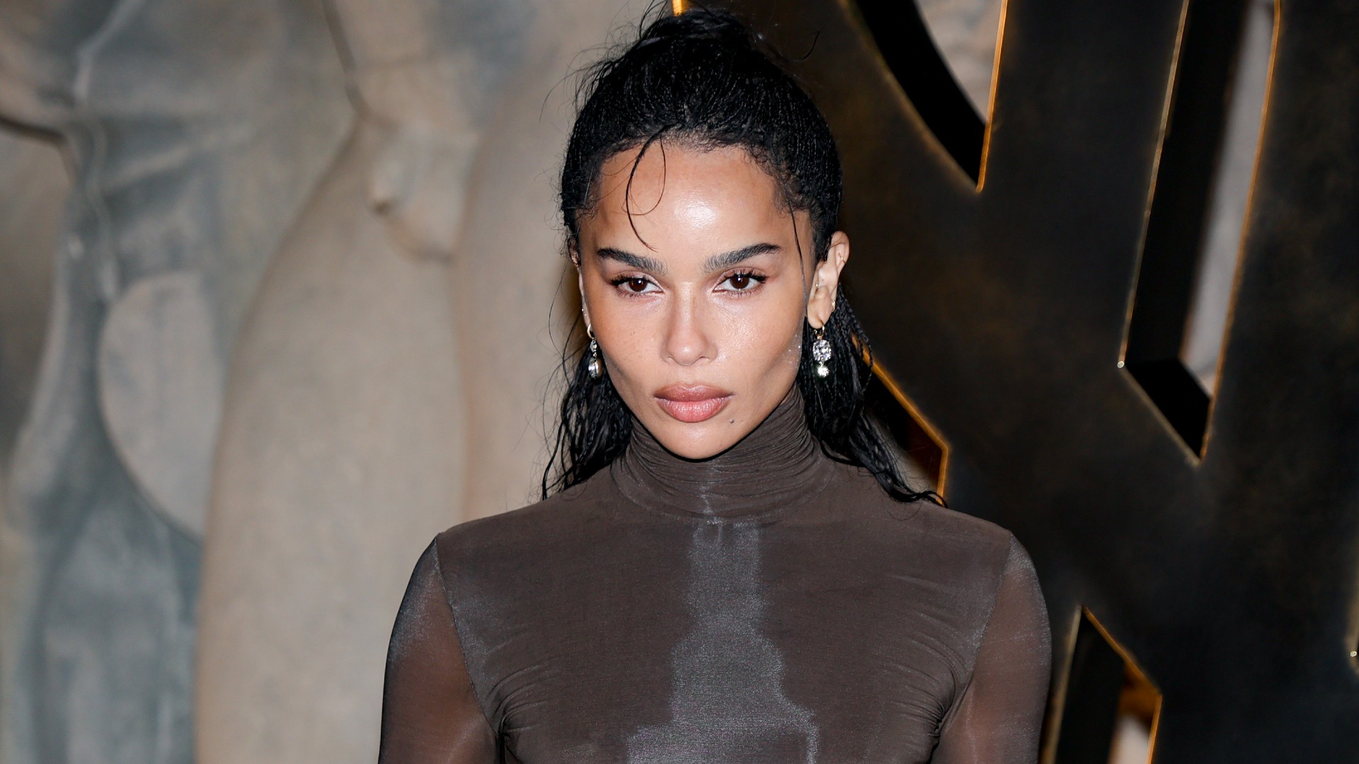 a light skinned woman with dark hair wearing a brown turtleneck top