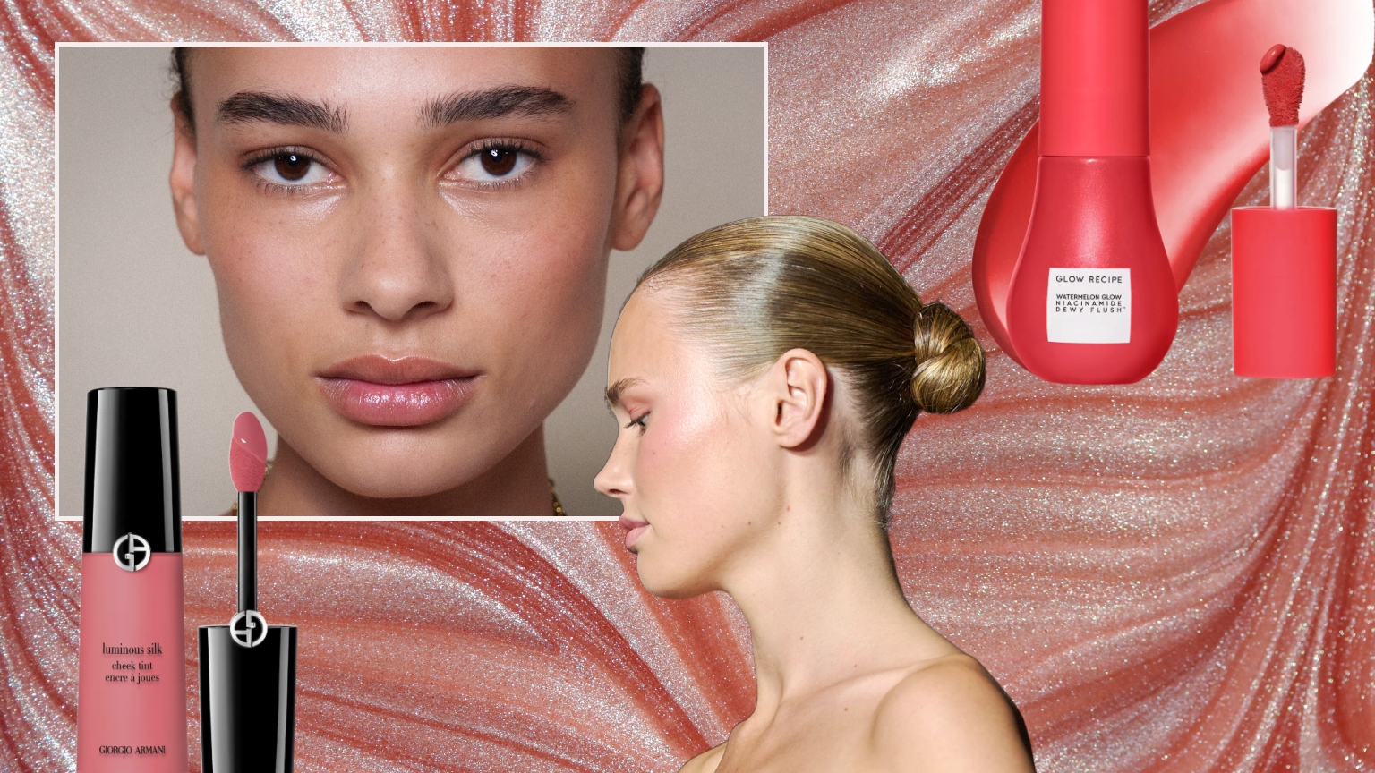 a pink sparkly background with two women wearing liquid blush with two pink tubes of makeup