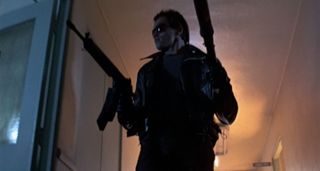 The T-800 (Arnold Schwarzenegger) stalks through the police station in