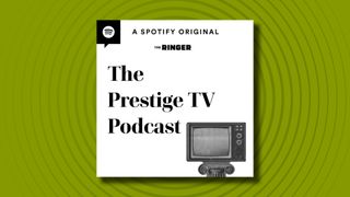 The logo of the Prestige TV podcast on a green background