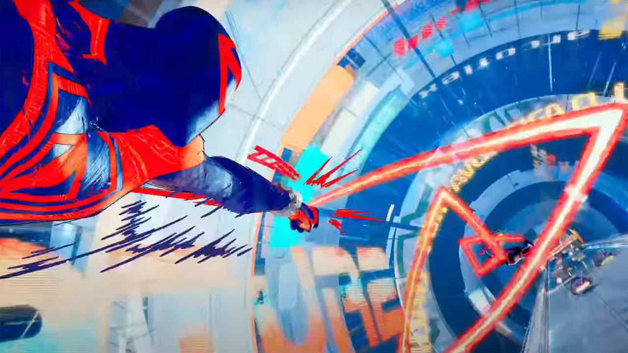 Spider-Man 2099 grabs Miles Morales with webbing in Spider-Man: Across the Spider-Verse