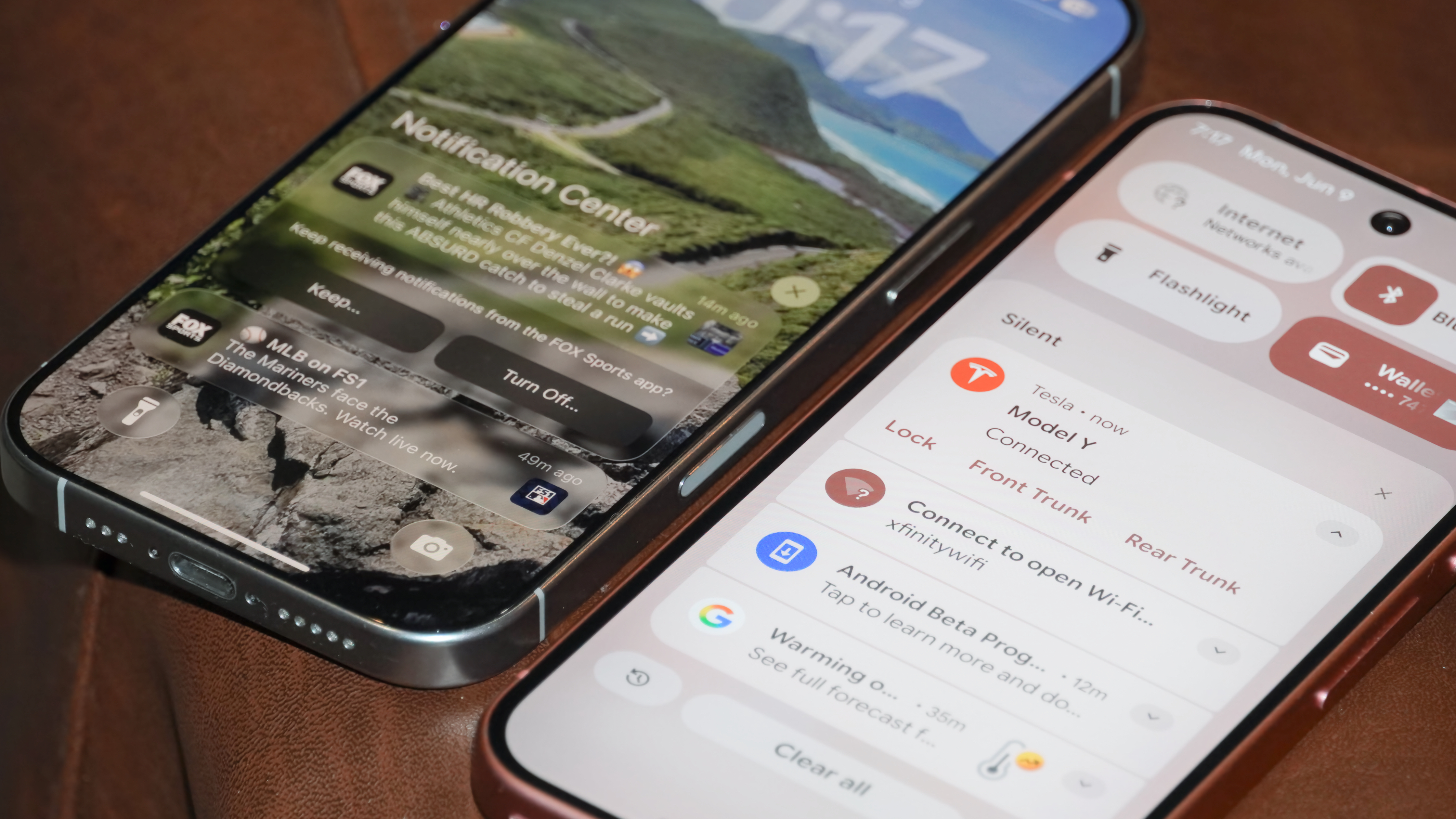 A comparison of notifications on iOS 26 and Material 3 Expressive.