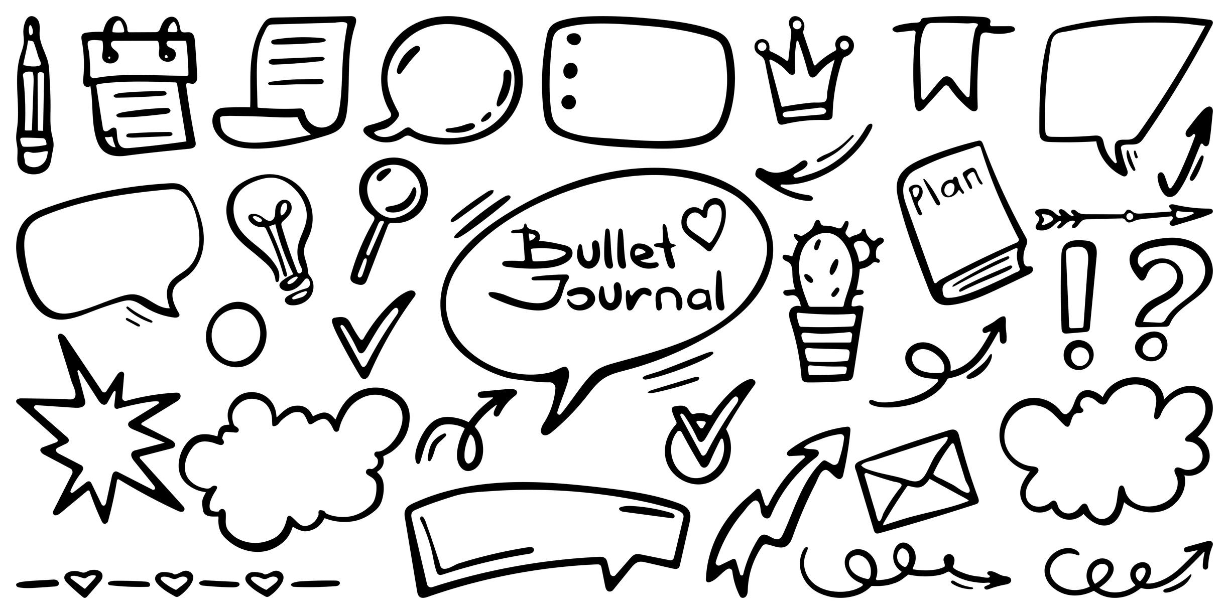  A white background with writing and drawings including speech bubbles and arrows. The large centre speech bubble says 'Bullet Journal'. 