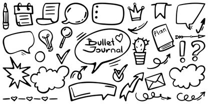 A white background with writing and drawings including speech bubbles and arrows. The large centre speech bubble says 'Bullet Journal'.