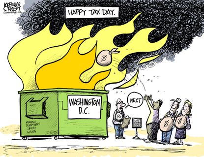 Editorial cartoon U.S. tax day IRS White House trash fire