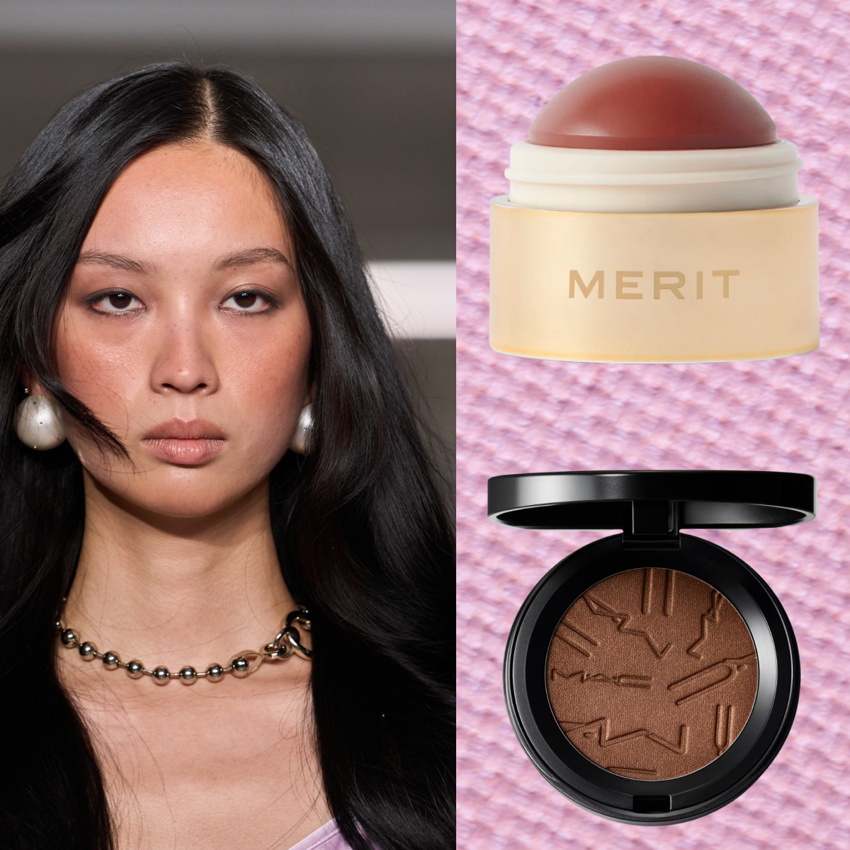 A woman with black hair and oversized pearl earrings next to three blushes. All images on a purple background.
