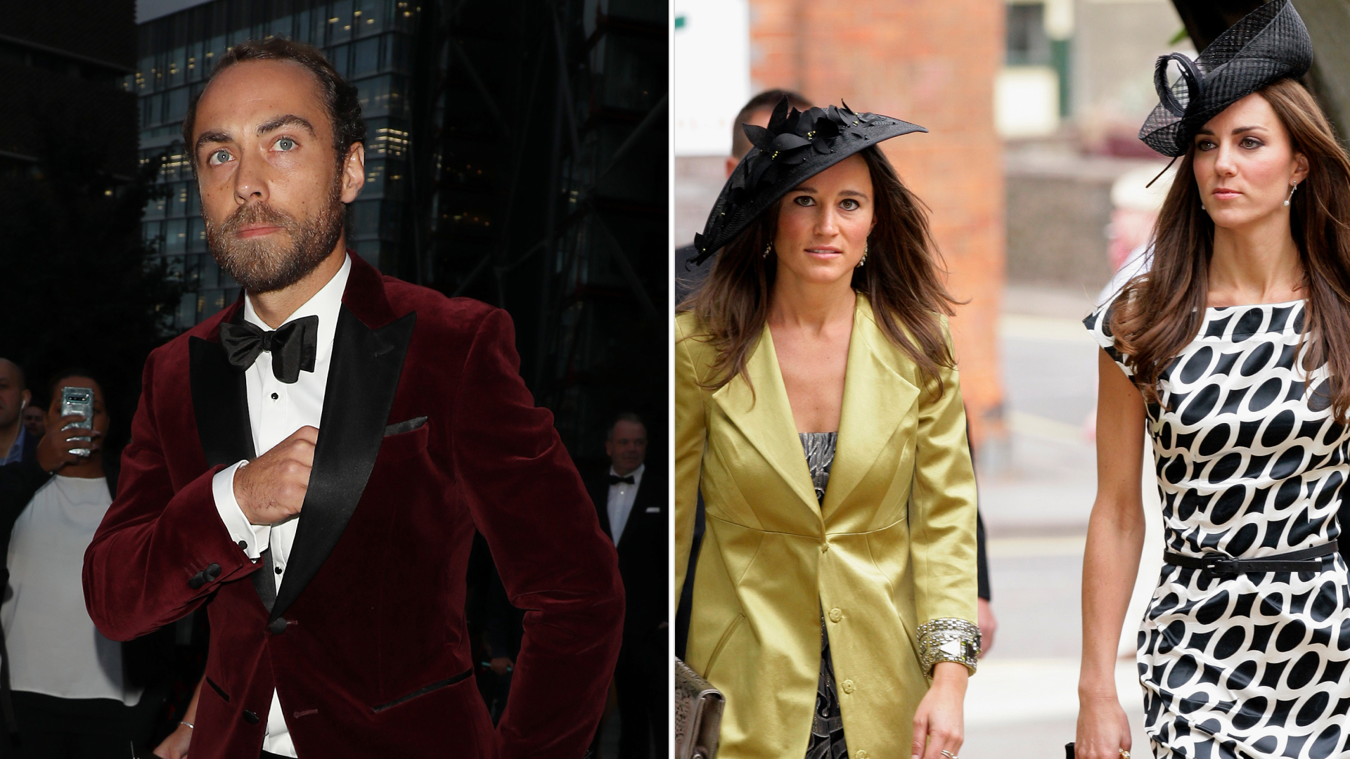 James Middleton wears a velvet suit and has a beard, Pippa Middleton wears a gold coat and Kate Middleton wears a white and black dress