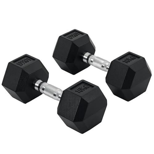 Homcom Rubber Dumbbell Sports Hex Weights Sets Home Gym Fitness Hexagonal Dumbbells Kit Weight Lifting Exercise (2 X 10kg) Black