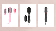 Collage of three of the hot brushes featured in this guide from Mermade Hair, Hot Tools and Revlon