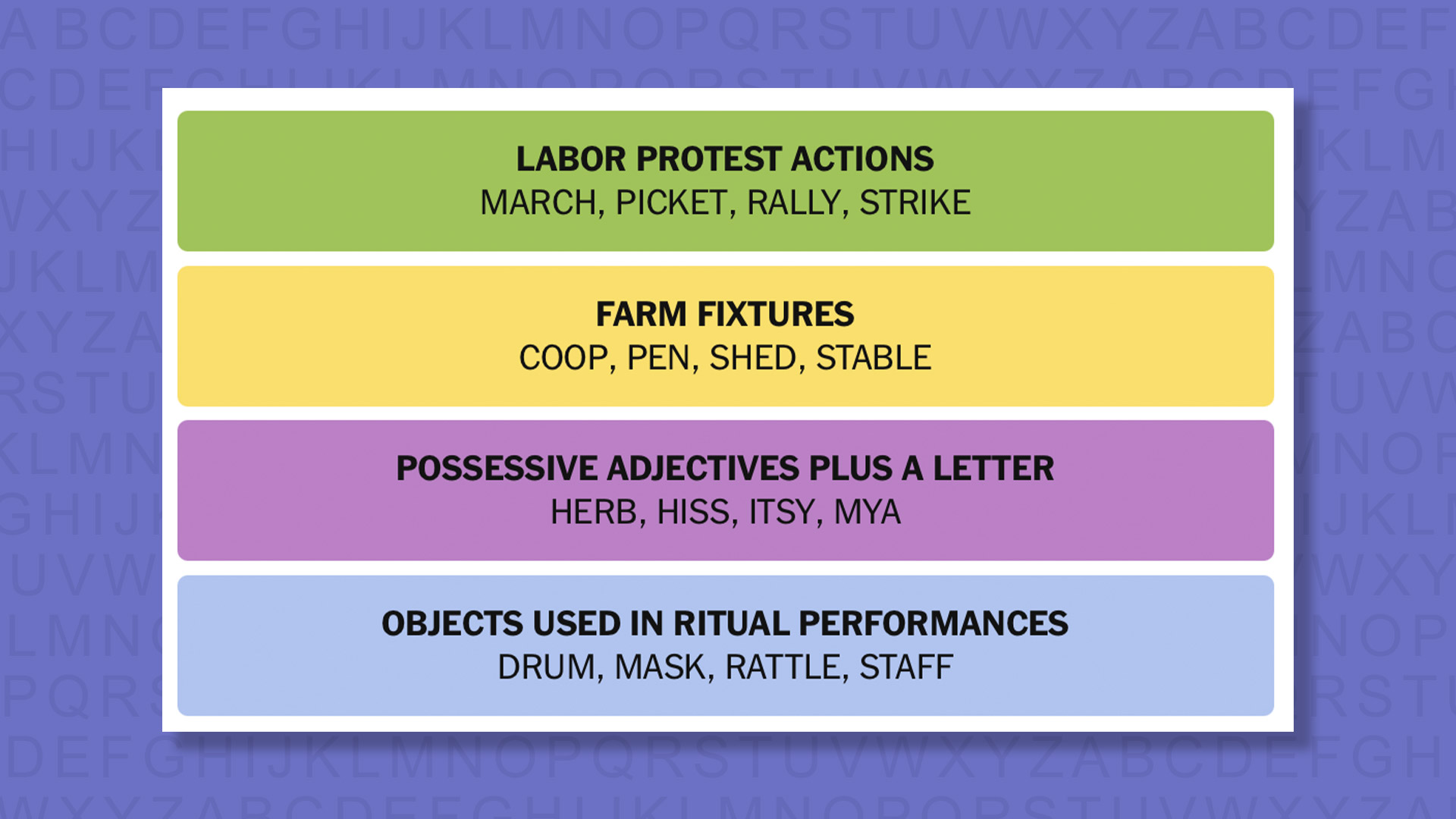 NYT Connections answers for game 1078 on a purple background
