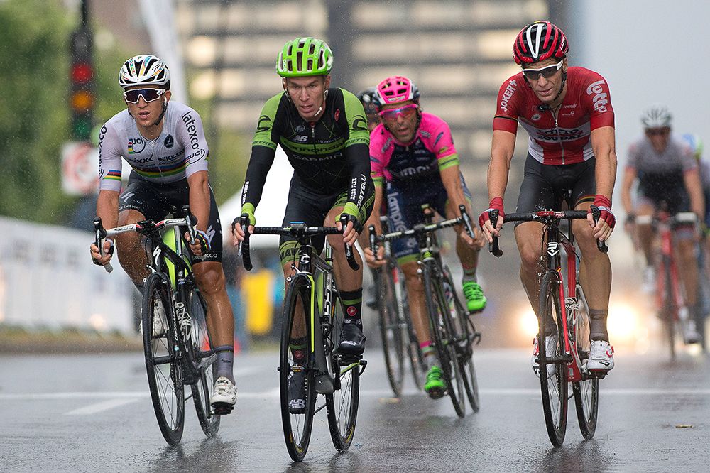World Champion Michal Kwiatkowski arrives at the finish in Montreal.