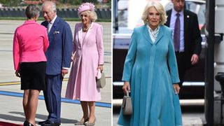 Queen Camilla wearing the same taupe handbag on two occasions