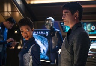 Sonequa Martin-Green as Burnham; James Frain as Sarek share a moment on the bridge of the USS Discovery in the Season 2 premiere of the CBS All Access series "Star Trek: Discovery."