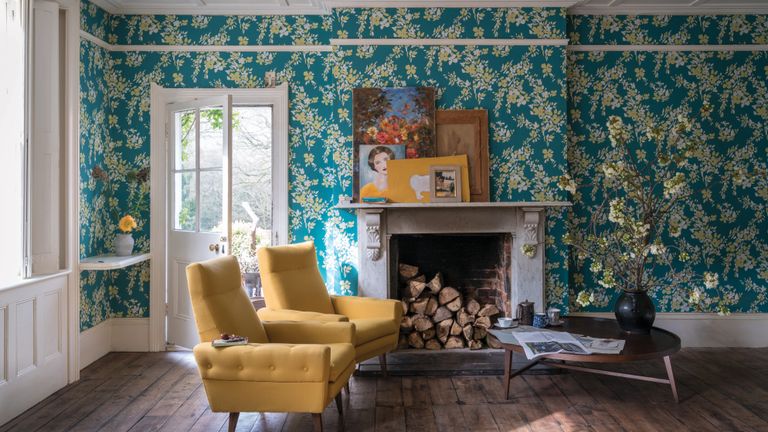 Farrow and Ball wallpaper in a traditional living room