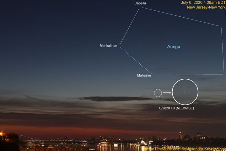 Alexander Krivenyshev of WorldTimeZone.com captured this view of Comet NEOWISE over New York City, on July 8, 2020.