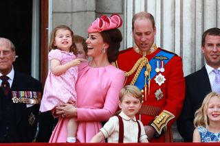 Prince Philip, Duke of Edinburgh, Kate (Catherine Middleton) Duchess of Cambridge, Princess Charlotte, Prince George, Prince William, Duke of Cambridge, Peter Phillips, Summer Phillips and their children Savannah and Isla on the balcony of Buckingham Palace after the Trooping of the Colour 2017