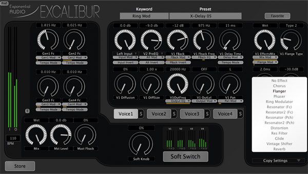 Excalibur's Voice Effects section includes a choice of 13 processes