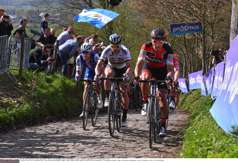 Greg Van Avermaet (BMC Racing) leads Peter Sagan and Matteo Trentin (QuickStep Floors)