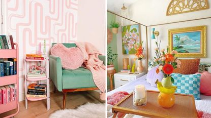 Pink bedroom with green chair and a multi-color bedroom