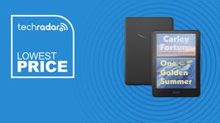 The Amazon Kindle Colorsoft on a blue background with text saying Lowest Price.