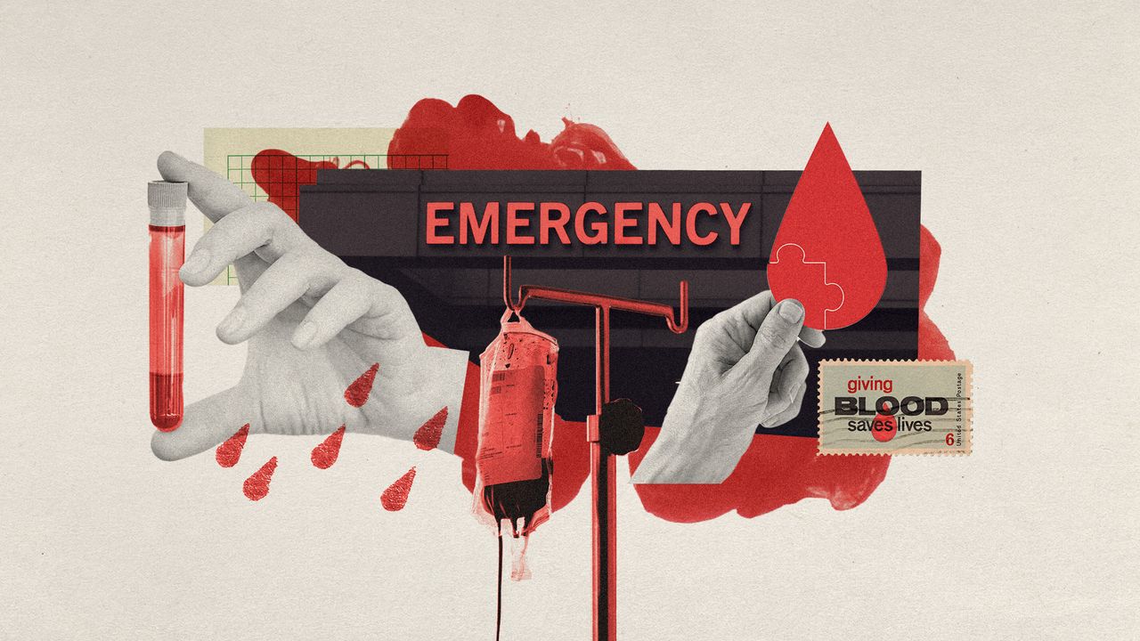 Photo collage of a red-tinted blood bag hanging from a drip stand, a hand holding a blood vial, another hand holding a droplet-shaped piece of paper with a puzzle piece drawn on it, and a vintage post stamp that says &quot;giving blood saves lives&quot;. In the background, there is a fragment of a hospital building with an emergency sign on it, and a cloud of red liquid dispersing in water. 